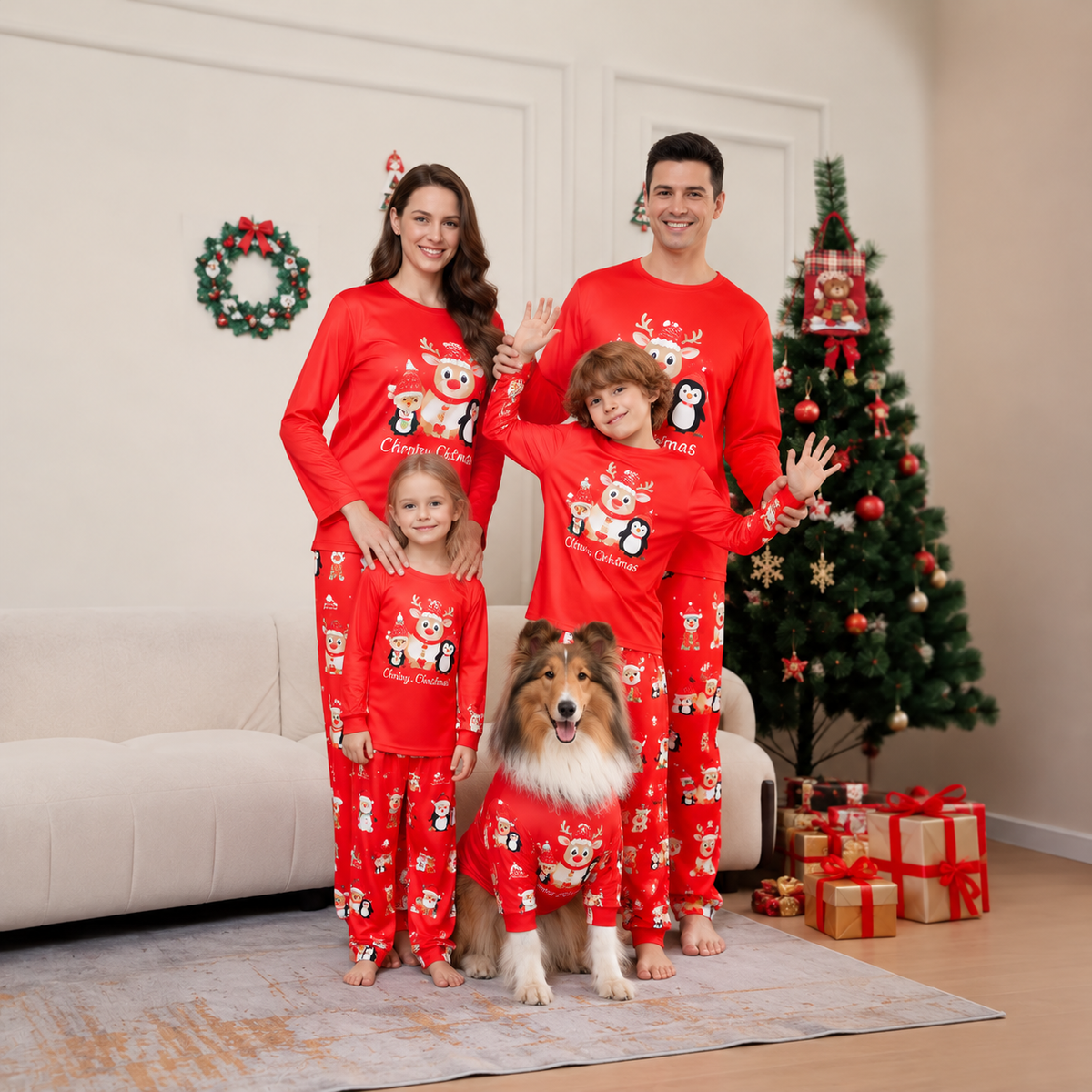 Christmas Deer Penguin Letter Print Family Matching Pajamas Sleepwear